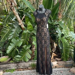 Jody Christopher rhinestone and pearl embellished lace dress